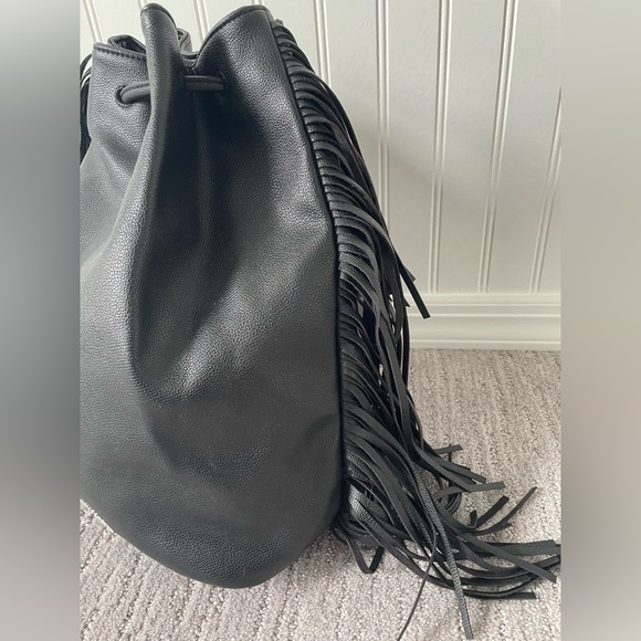 Victoria’s Secret Faux Black Leather Fringe Sides Draw String Backpack - Picture 3 of 8